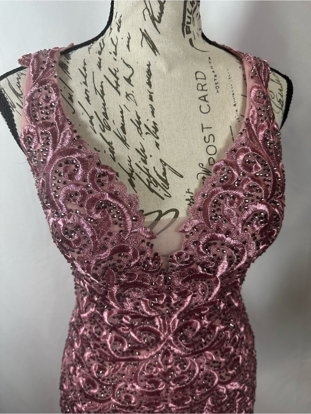 Mori Lee Rose Pink Beaded V-Neck Mini Dress - Picture 12 of 16